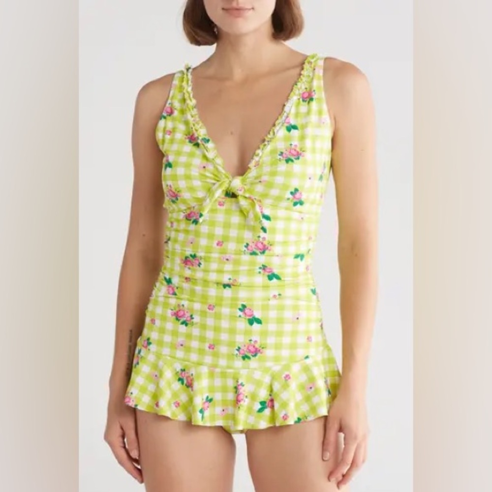Betsey Johnson ruffle trim lime green gingham floral one piece swimsuit NWT